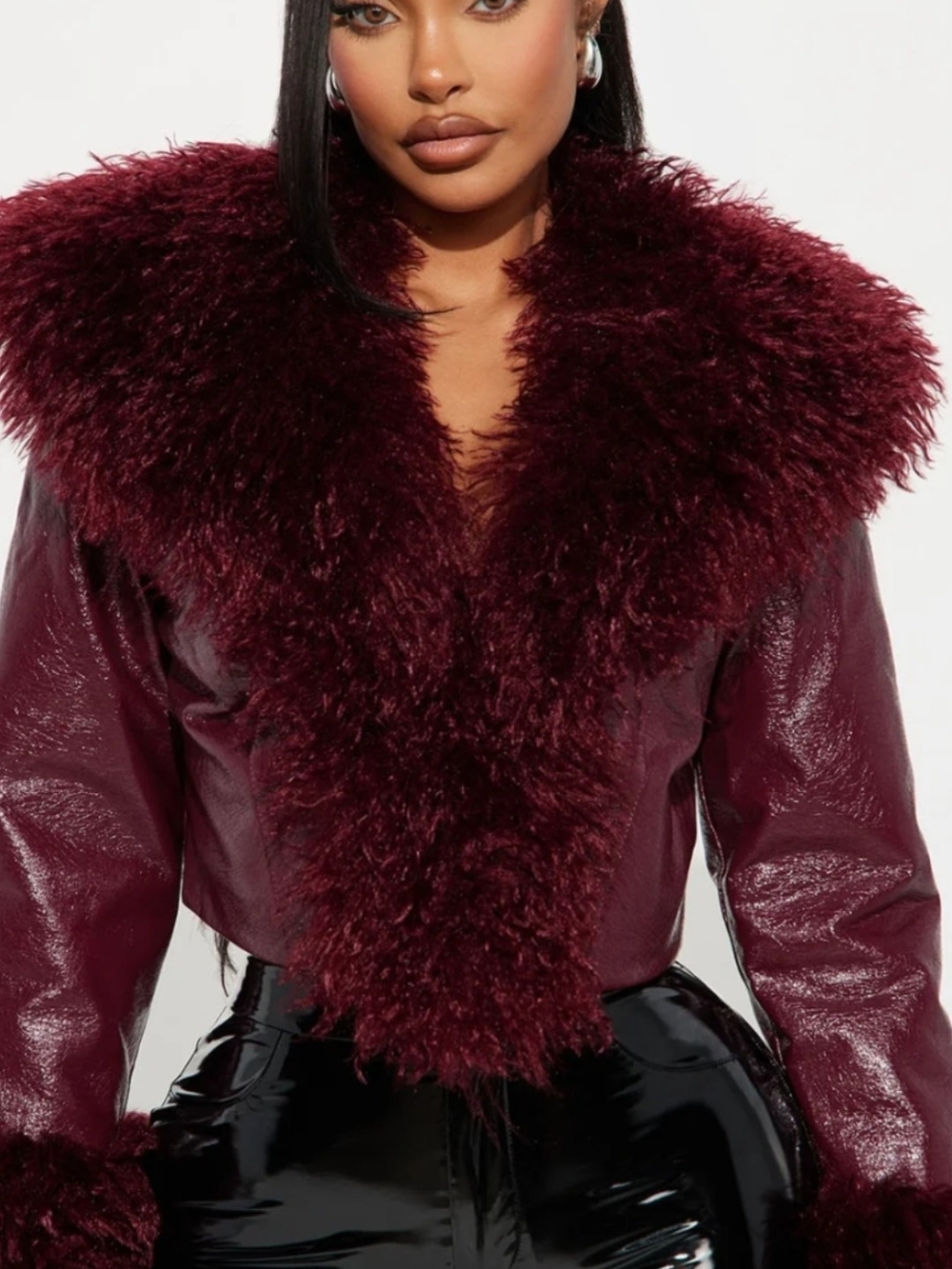 Faux Fur Trim Burgundy Jacket - Womens